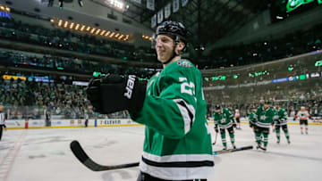 DALLAS, TX - APRIL 02: Dallas Stars defenseman Esa Lindell (23) celebrates a goal during the game between the Dallas Stars and the Philadelphia Flyers on April 2, 2019 at the American Airlines Center in Dallas, Texas. (Photo by Matthew Pearce/Icon Sportswire via Getty Images)