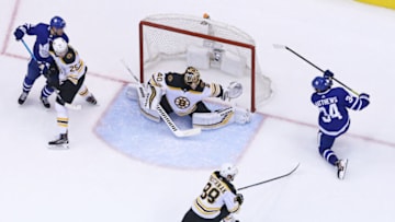 Auston Matthews #34 of the Toronto Maple Leafs fans on a point blank scoring attempt against Tuukka Rask #40 of the Boston Bruins in Game Six of the Eastern Conference First Round during the 2019 NHL Stanley Cup Playoffs at Scotiabank Arena on April 21, 2019 in Toronto, Ontario, Canada (Photo by Claus Andersen/Getty Images)