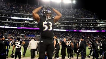 Nov 28, 2013; Baltimore, MD, USA; Baltimore Ravens linebacker Jameel McClain (53) reacts after beating the Pittsburgh Steelers 22-20 during a NFL football game on Thanksgiving at M&T Bank Stadium. Mandatory Credit: Evan Habeeb-USA TODAY Sports