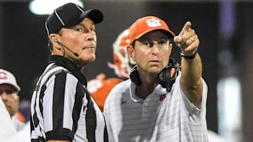 Clemson head coach Dabo Swinney talks with a referee during the third quarter at Memorial Stadium in Clemson, S.C., October 2, 2021.Ncaa Football Acc Clemson Boston CollegeSyndication The Greenville News