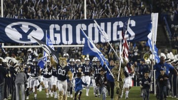 PROVO, UT - OCTOBER 6: The Brigham Young Cougars football team takes the field at the start of their game against the Boise State Broncos at LaVell Edwards Stadium on October 6, 2017 in Provo, Utah. (Photo by Gene Sweeney Jr./Getty Images) *** Local Caption ***