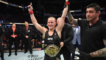 HOUSTON, TEXAS - FEBRUARY 08: Valentina Shevchenko of Kyrgyzstan celebrates her TKO victory over Katlyn Chookagian in their women's flyweight championship bout during the UFC 247 event at Toyota Center on February 08, 2020 in Houston, Texas. (Photo by Josh Hedges/Zuffa LLC via Getty Images)