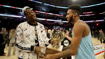 CHICAGO, ILLINOIS - FEBRUARY 15: Bam Adebayo and Derrick Jones Jr. #5 of the Miami Heat celebrate after Jones Jr. won the 2020 NBA All-Star - AT&T Slam Dunk Contest during State Farm All-Star Saturday Night at the United Center on February 15, 2020 in Chicago, Illinois. NOTE TO USER: User expressly acknowledges and agrees that, by downloading and or using this photograph, User is consenting to the terms and conditions of the Getty Images License Agreement. (Photo by Jonathan Daniel/Getty Images)