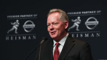 NEW YORK, NY - DECEMBER 10: Head coach Bobby Petrino of the Louisville Cardinals addresses the media after Lamar Jackson was named the 82nd Heisman Memorial Trophy Award winner during the 2016 Heisman Trophy Presentation at the Marriott Marquis on December 10, 2016 in New York City. (Photo by Michael Reaves/Getty Images)