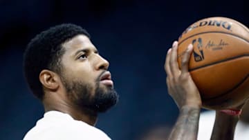 LOS ANGELES, CA - OCTOBER 13: Paul George #13 of the LA Clippers warms up before a pre-season game against Melbourne United on October 13, 2019 at STAPLES Center in Los Angeles, California. NOTE TO USER: User expressly acknowledges and agrees that, by downloading and/or using this Photograph, user is consenting to the terms and conditions of the Getty Images License Agreement. Mandatory Copyright Notice: Copyright 2019 NBAE (Photo by Chris Elise/NBAE via Getty Images)