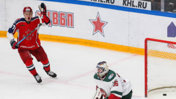 MOSCOW, RUSSIA SEPTEMBER 3, 2019: HC CSKA Moscow's Kirill Kaprizov (L) reacts as HC Ak Bars Kazan's goaltender Adam Reideborn concedes a goal in their 2019/20 KHL Regular Season ice hockey match at CSKA Arena. Yelena Rusko/TASS (Photo by Yelena RuskoTASS via Getty Images)