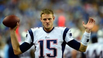 Aug 22, 2013; Detroit, MI, USA; New England Patriots quarterback Ryan Mallett (15) on the sidelines in the second quarter of a preseason game against the Detroit Lions at Ford Field. Mandatory Credit: Andrew Weber-USA TODAY Sports