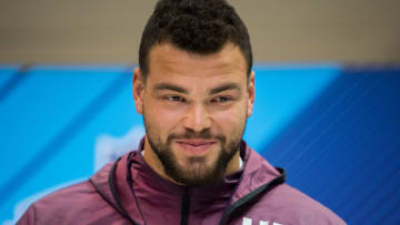 INDIANAPOLIS, IN - MARCH 01: Texas offensive lineman Connor Williams answers questions from the media during the NFL Scouting Combine on March 1, 2018 at the Indiana Convention Center in Indianapolis, IN. (Photo by Zach Bolinger/Icon Sportswire via Getty Images)