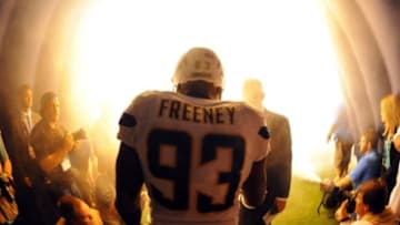 Sep 9, 2013; San Diego, CA, USA; San Diego Chargers linebacker Dwight Freeney (93) prior to the game against the Houston Texans at Qualcomm Stadium. Mandatory Credit: Christopher Hanewinckel-USA TODAY Sports