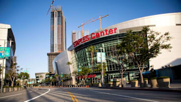 LOS ANGELES, CALIFORNIA - APRIL 21: The empty streets outside the Staples Center at LA Live on April 21, 2020 in Los Angeles, California. COVID-19 has spread to most countries around the world, claiming over 170,000 lives and infecting over 2.5 million people. (Photo by Tibrina Hobson/Getty Images)