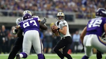 MINNEAPOLIS, MN - SEPTEMBER 11: Drew Brees #9 of the New Orleans Saints drops back to pass the ball in the first quarter of the game against the Minnesota Vikings on September 11, 2017 at U.S. Bank Stadium in Minneapolis, Minnesota. (Photo by Hannah Foslien/Getty Images)