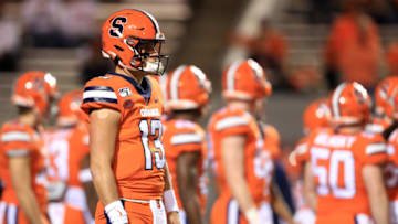 RALEIGH, NORTH CAROLINA - OCTOBER 10: Tommy DeVito #13 of the Syracuse Orange warms up before their game against the North Carolina State Wolfpack at Carter Finley Stadium on October 10, 2019 in Raleigh, North Carolina. (Photo by Streeter Lecka/Getty Images)