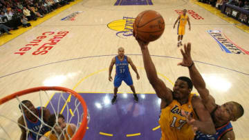 LOS ANGELES, CA - MAY 19: Andrew Bynum #17 of the Los Angeles Lakers goes up for a shot in front of Russell Westbrook #0 of the Oklahoma City Thunder in the second half in Game Four of the Western Conference Semifinals in the 2012 NBA Playoffs on May 19 at Staples Center in Los Angeles, California. NOTE TO USER: User expressly acknowledges and agrees that, by downloading and or using this photograph, User is consenting to the terms and conditions of the Getty Images License Agreement. (Photo by Stephen Dunn/Getty Images)