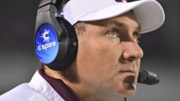 Nov 28, 2015; Starkville, MS, USA; Mississippi State Bulldogs head coach Dan Mullen looks up at the scoreboard during the second quarter of the game against the Mississippi Rebels at Davis Wade Stadium. Mandatory Credit: Matt Bush-USA TODAY Sports
