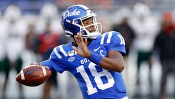 DURHAM, NC - NOVEMBER 30: Quentin Harris #18 of the Duke football team passes the ball against the Miami Hurricanes in the first half of the game at Wallace Wade Stadium on November 30, 2019 in Durham, North Carolina. (Photo by Joe Robbins/Getty Images)