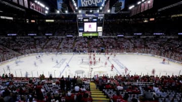 Apr 17, 2016; Detroit, MI, USA; A general view during warm ups prior to game three of the first round of the 2016 Stanley Cup Playoffs between the Detroit Red Wings and the Tampa Bay Lightning at Joe Louis Arena. Mandatory Credit: Rick Osentoski-USA TODAY Sports