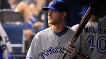 Jul 11, 2014; St. Petersburg, FL, USA; Toronto Blue Jays infielder Dan Johnson (16) in the dugout against the Tampa Bay Rays at Tropicana Field. Mandatory Credit: Kim Klement-USA TODAY Sports