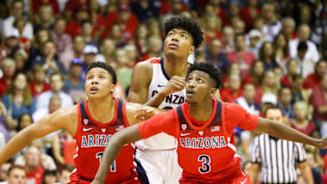 LAHAINA, HI - NOVEMBER 20: Ira Lee and Dylan Smith #3 of the Arizona Wildcats block out Rui Hachimura #21 of the Gonzaga Bulldogs during a free throw attempt during the first half of the game at the Lahaina Civic Center on November 20, 2018 in Lahaina, Hawaii. (Photo by Darryl Oumi/Getty Images)