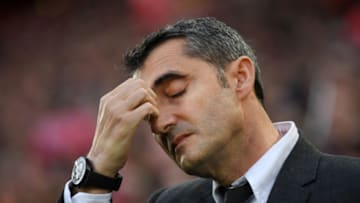 LIVERPOOL, ENGLAND - MAY 07: Ernesto Valverde, Manager of Barcelona reacts during the UEFA Champions League Semi Final second leg match between Liverpool and Barcelona at Anfield on May 07, 2019 in Liverpool, England. (Photo by Shaun Botterill/Getty Images)