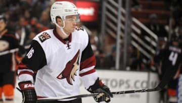 November 9, 2015; Anaheim, CA, USA; Arizona Coyotes center Max Domi (16) during a stoppage in play against Anaheim Ducks in the third period at Honda Center. Mandatory Credit: Gary A. Vasquez-USA TODAY Sports