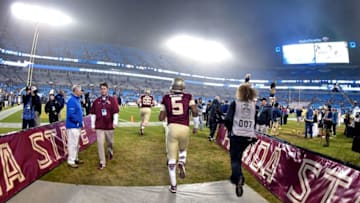 CHARLOTTE, NC - DECEMBER 06: Jameis Winston #5 of the Florida State Seminoles takes the firld for warmups before the Atlantic Coast Conference championship game against the Georgia Tech Yellow Jackets on December 6, 2014 at Bank of America Stadium in Greenville, North Carolina. (Photo by Grant Halverson/Getty Images)