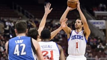 Jan 6, 2014; Philadelphia, PA, USA; Philadelphia 76ers guard Michael Carter-Williams (1) shoots a jump shot during the first quarter against the Minnesota Timberwolves at the Wells Fargo Center. Mandatory Credit: Howard Smith-USA TODAY Sports