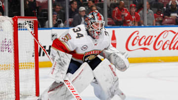 SUNRISE, FL - FEBRUARY 21: Goaltender James Reimer #34 of the Florida Panthers defends the net against the Carolina Hurricanes at the BB&T Center on February 21, 2019 in Sunrise, Florida. The Hurricanes defeated the Panthers 4-3. (Photo by Joel Auerbach/Getty Images)