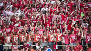 Sep 5, 2015; Fayetteville, AR, USA; The Arkansas Razorbacks fans cheer for their team during the game against the UTEP Miners at Donald W. Reynolds Razorback Stadium. The Razorbacks defeat the Miners 48-13. Mandatory Credit: Jerome Miron-USA TODAY Sports