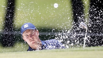 Jun 14, 2020; Fort Worth, Texas, USA; Jordan Spieth plays a shot from a bunker on the second hole during the final round of the Charles Schwab Challenge golf tournament at Colonial Country Club. Mandatory Credit: Raymond Carlin III-USA TODAY Sports