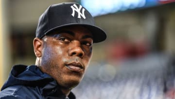 MIAMI, FL - AUGUST 21: Aroldis Chapman #54 of the New York Yankees during batting practice before the game against the Miami Marlins at Marlins Park on August 21, 2018 in Miami, Florida. (Photo by Mark Brown/Getty Images)