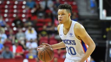 LAS VEGAS, NV - JULY 10: Kevin Knox #20 of the New York Knicks dribbles against the Los Angeles Lakers during the 2018 NBA Summer League at the Thomas & Mack Center on July 10, 2018 in Las Vegas, Nevada. NOTE TO USER: User expressly acknowledges and agrees that, by downloading and or using this photograph, User is consenting to the terms and conditions of the Getty Images License Agreement. (Photo by Sam Wasson/Getty Images)