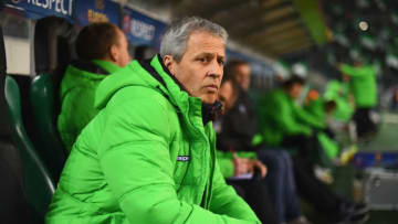 MOENCHENGLADBACH, GERMANY - FEBRUARY 26: Lucien Favre manager of Borussia Moenchengladbach looks on prior to the UEFA Europa League Round of 32 second leg match between Borussia Moenchengladbach and FC Sevilla at Borussia-Park on February 26, 2015 in Moenchengladbach, Germany. (Photo by Lars Baron/Getty Images)