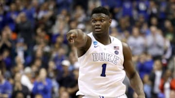 WASHINGTON, DC - MARCH 31: Zion Williamson #1 of the Duke Blue Devils reacts against the Michigan State Spartans during the second half in the East Regional game of the 2019 NCAA Men's Basketball Tournament at Capital One Arena on March 31, 2019 in Washington, DC. (Photo by Patrick Smith/Getty Images)