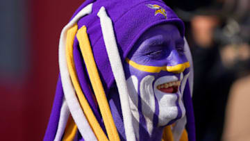 SANTA CLARA, CALIFORNIA - JANUARY 11: A Minnesota Vikings fan in the stands looks on prior to the NFC Divisional Round Playoff game against the San Francisco 49ers at Levi's Stadium on January 11, 2020 in Santa Clara, California. (Photo by Thearon W. Henderson/Getty Images)