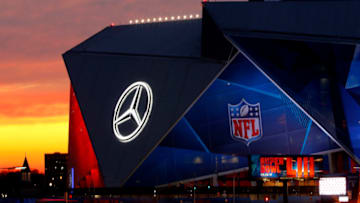 ATLANTA, GEORGIA - JANUARY 27: An exterior view of the Mercedes-Benz Stadium is seen on January 27, 2019 in Atlanta, Georgia. (Photo by Justin Heiman/Getty Images)
