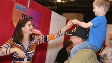 NOVI, MI - MAY 15: Terry Farrell, known for playing "Jadzia Dax," on Star Trek Deep Space Nine, enjoying fans, at Motor City Comic Con, at Suburban Collection Showplace on May 15, 2015 in Novi, Michigan. (Photo by Monica Morgan/WireImage)