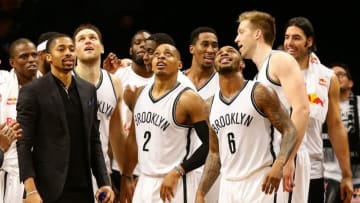 Dec 26, 2016; Brooklyn, NY, USA; Brooklyn Nets guard Randy Foye (2) watches the replay after his game winning three point shot at the buzzer against the Charlotte Hornets during the second half at Barclays Center. The Nets won 120 -118. Mandatory Credit: Andy Marlin-USA TODAY Sports
