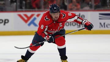 WASHINGTON, DC - MAY 13: Alex Ovechkin #8 of the Washington Capitals skates against the Florida Panthers in Game Six of the First Round of the 2022 Stanley Cup Playoffs at Capital One Arena on May 13, 2022 in Washington, DC. (Photo by Patrick Smith/Getty Images)
