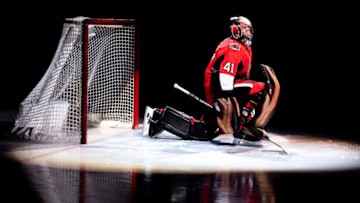 OTTAWA, ON - DECEMBER 17: Ottawa Senators Goalie Craig Anderson (41) in the spotlight before National Hockey League action between the Nashville Predators and Ottawa Senators on December 17, 2018, at Canadian Tire Centre in Ottawa, ON, Canada. (Photo by Richard A. Whittaker/Icon Sportswire via Getty Images)