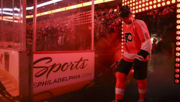 PHILADELPHIA, PENNSYLVANIA - OCTOBER 13: Travis Sanheim #6 of the Philadelphia Flyers is introduced against the New Jersey Devils at Wells Fargo Center on October 13, 2022 in Philadelphia, Pennsylvania. (Photo by Tim Nwachukwu/Getty Images)