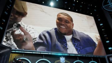 Georgia defensive end Travon Walker reacts after being selected as the first overall pick to the to the Jacksonville Jaguars during the first round of the 2022 NFL Draft at the NFL Draft Theater. (Kirby Lee-USA TODAY Sports)