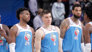 SACRAMENTO, CA - MARCH 14: Buddy Hield #24 and Bogdan Bogdanovic #8 of the Sacramento Kings face the Miami Heat on March 14, 2018 at Golden 1 Center in Sacramento, California. NOTE TO USER: User expressly acknowledges and agrees that, by downloading and or using this photograph, User is consenting to the terms and conditions of the Getty Images Agreement. Mandatory Copyright Notice: Copyright 2018 NBAE (Photo by Rocky Widner/NBAE via Getty Images)