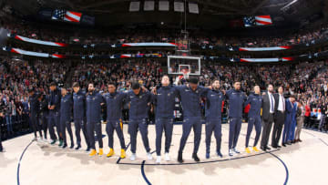 SALT LAKE CITY, UT - DECEMBER 27: The Utah Jazz stand for the National Anthem prior to the game against the Philadelphia 76ers on December 27, 2018 at vivint.SmartHome Arena in Salt Lake City, Utah. NOTE TO USER: User expressly acknowledges and agrees that, by downloading and or using this Photograph, User is consenting to the terms and conditions of the Getty Images License Agreement. Mandatory Copyright Notice: Copyright 2018 NBAE (Photo by Melissa Majchrzak/NBAE via Getty Images)