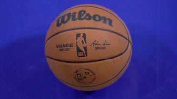 Jun 24, 2021; Chicago, Illinois, USA; A detail shot of the new NBA basketball ball during the NBA Draft Combine at Wintrust Arena.Mandatory Credit: David Banks-USA TODAY Sports