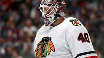 DENVER, COLORADO - DECEMBER 21: Robin Lehner #40 of the Chicago Blackhawks tends goal against the Colorado Avalanche at the Pepsi Center on December 21, 2019 in Denver, Colorado. (Photo by Matthew Stockman/Getty Images)
