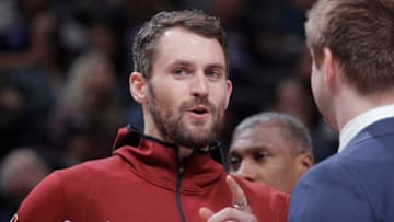 SACRAMENTO, CA - APRIL 4: Kevin Love #0 of the Cleveland Cavaliers looks on during the game against the Sacramento Kings on April 4, 2019 at Golden 1 Center in Sacramento, California. NOTE TO USER: User expressly acknowledges and agrees that, by downloading and or using this photograph, User is consenting to the terms and conditions of the Getty Images Agreement. Mandatory Copyright Notice: Copyright 2019 NBAE (Photo by Rocky Widner/NBAE via Getty Images)