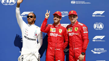 MONTREAL, QUEBEC - JUNE 08: Top three qualifiers Sebastian Vettel of Germany and Ferrari, Lewis Hamilton of Great Britain and Mercedes GP and Charles Leclerc of Monaco and Ferrari celebrate in parc ferme during qualifying for the F1 Grand Prix of Canada at Circuit Gilles Villeneuve on June 08, 2019 in Montreal, Canada. (Photo by Will Taylor-Medhurst/Getty Images)