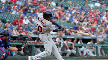 ARLINGTON, TEXAS - AUGUST 02: Travis Demeritte #50 of the Detroit Tigers hits a fly ball during his first Major League at bat in the top of the second inning against the Texas Rangers at Globe Life Park in Arlington on August 02, 2019 in Arlington, Texas. (Photo by Tom Pennington/Getty Images)