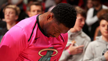 MIAMI, FL - NOVEMBER 20: Dwyane Wade #3 of the Miami Heat stands for the national anthem before the game against the Brooklyn Nets on November 20, 2018 at American Airlines Arena in Miami, Florida. NOTE TO USER: User expressly acknowledges and agrees that, by downloading and or using this Photograph, user is consenting to the terms and conditions of the Getty Images License Agreement. Mandatory Copyright Notice: Copyright 2018 NBAE (Photo by Issac Baldizon/NBAE via Getty Images)
