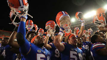 GAINESVILLE, FL - SEPTEMBER 01: Florida Gators players celebrate following a victory over the Charleston Southern Buccaneers at Ben Hill Griffin Stadium on September 1, 2018 in Gainesville, Florida. (Photo by Sam Greenwood/Getty Images)
